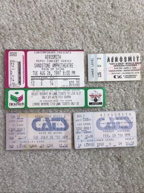 Set of 4 Vintage Rock Memorabilia Aerosmith Concert Ticket Stubs, 1988-1997